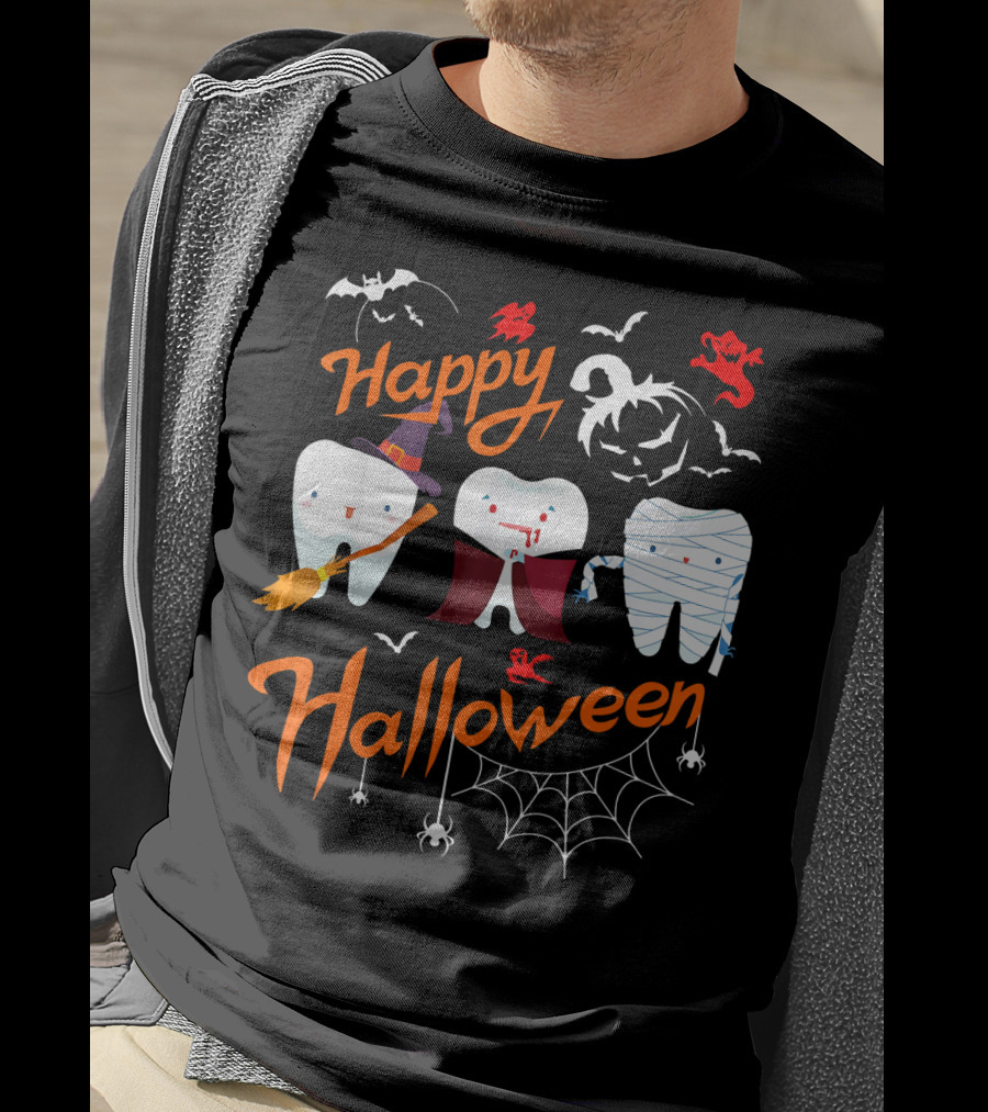 Happy Halloween Witch Vampire Mummy Teeth With Bats And Spiderweb T-Shirt