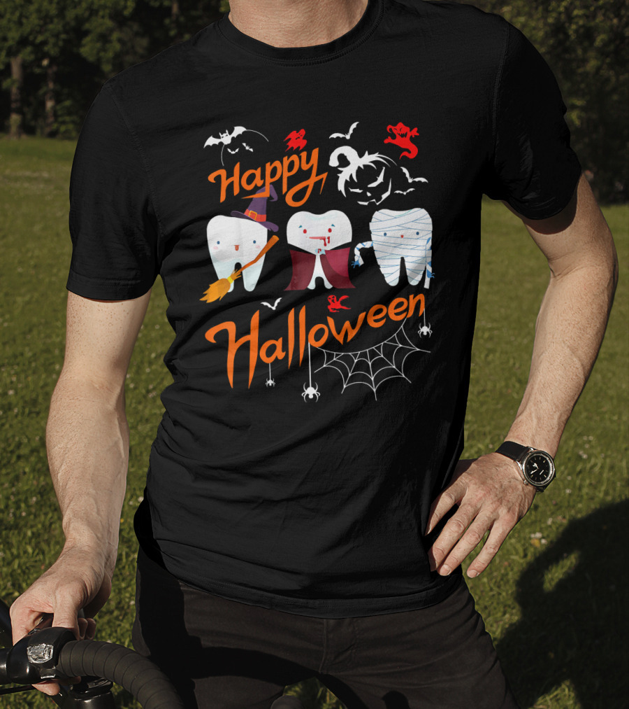 Happy Halloween Witch Vampire Mummy Teeth With Bats And Spiderweb T-Shirt