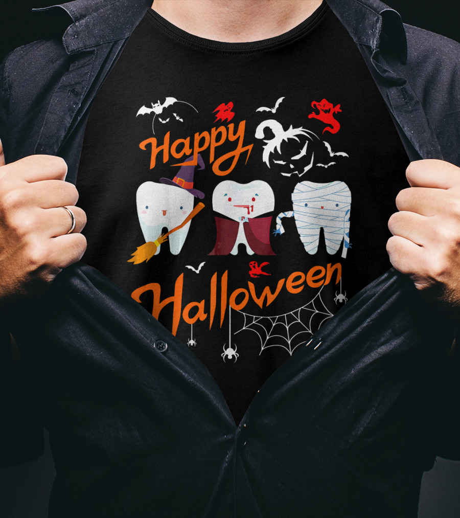 Happy Halloween Witch Vampire Mummy Teeth With Bats And Spiderweb T-Shirt