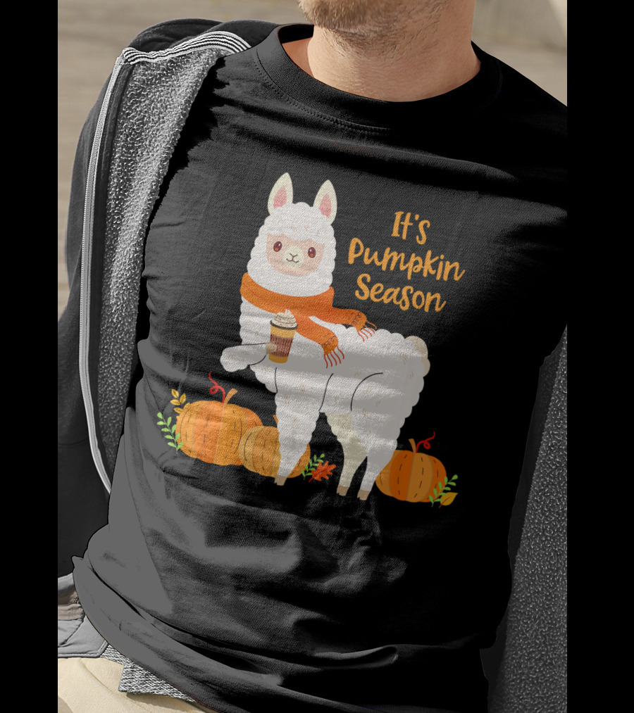 It's Pumpkin Season Llama With Autumn Leaves And Pumpkins T-Shirt