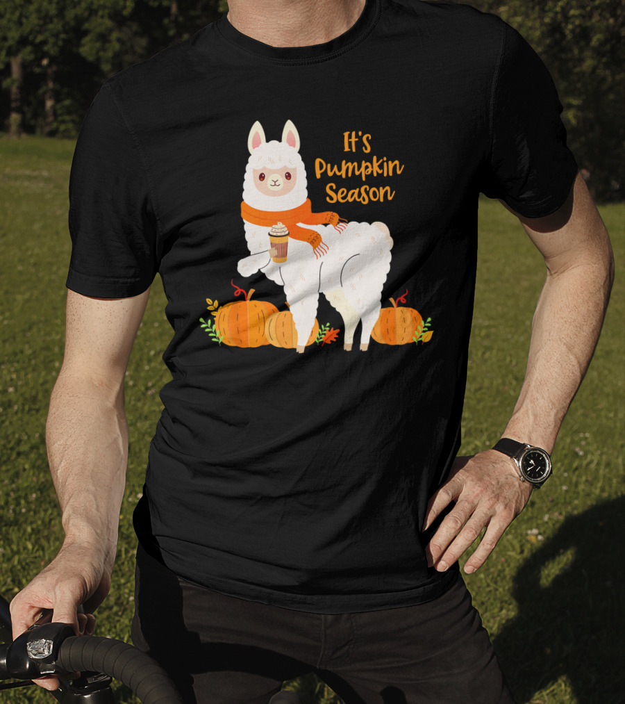 It's Pumpkin Season Llama With Autumn Leaves And Pumpkins T-Shirt