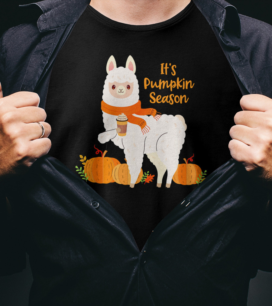 It's Pumpkin Season Llama With Autumn Leaves And Pumpkins T-Shirt
