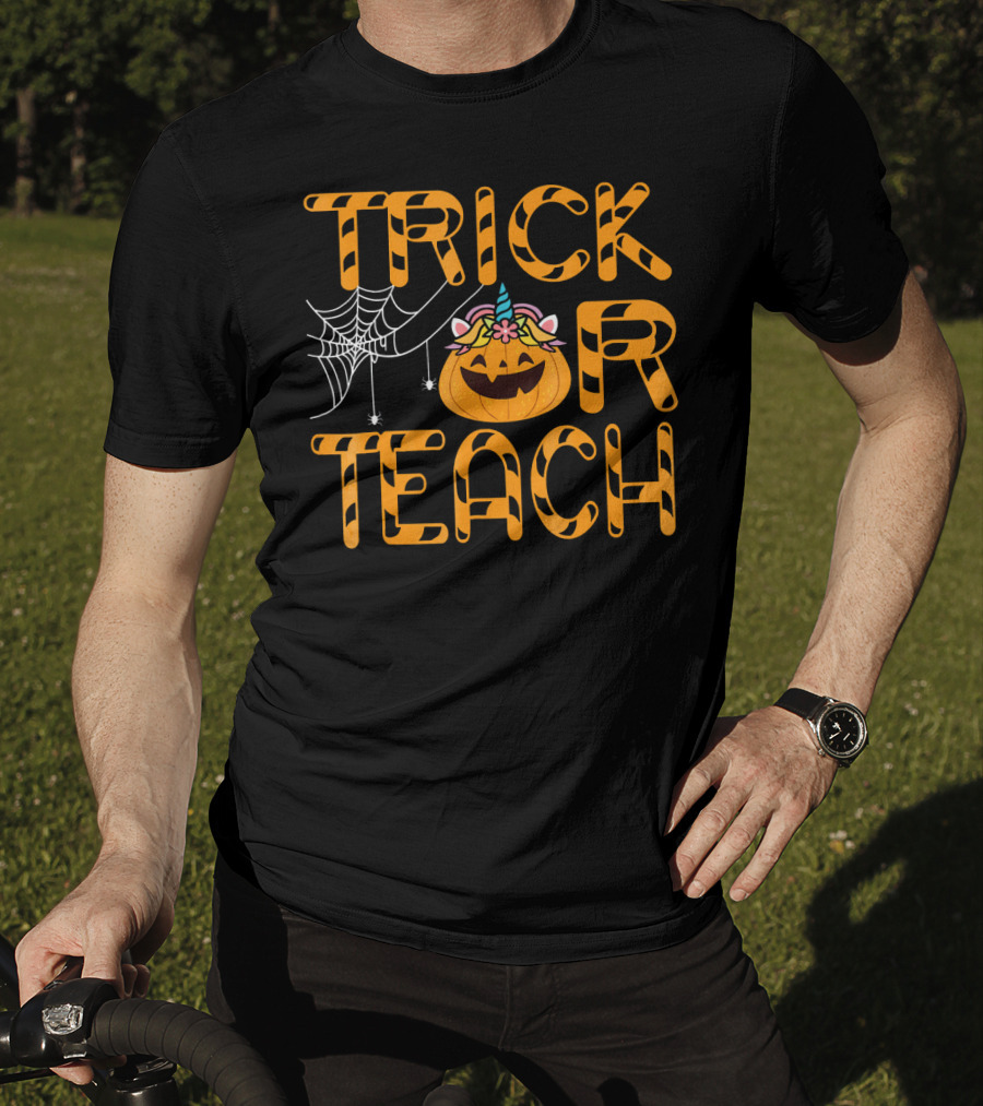 Trick Or Teach Funny Pumpkin Unicorn With Spider Web T-Shirt