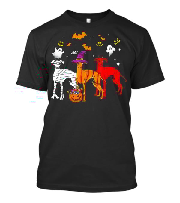 Halloween Italian Greyhound Dogs In Witch, Mummy, And Pumpkin Costumes With Ghosts And Bats T-Shirt