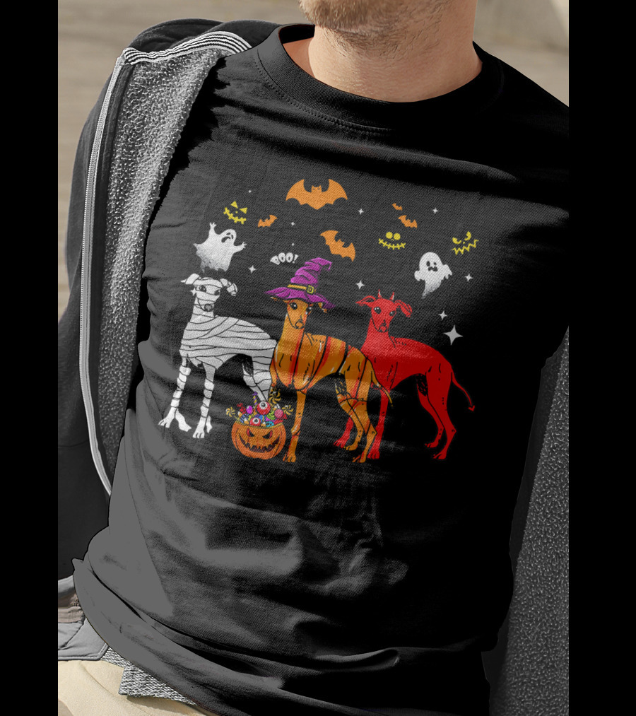 Halloween Italian Greyhound Dogs In Witch, Mummy, And Pumpkin Costumes With Ghosts And Bats T-Shirt