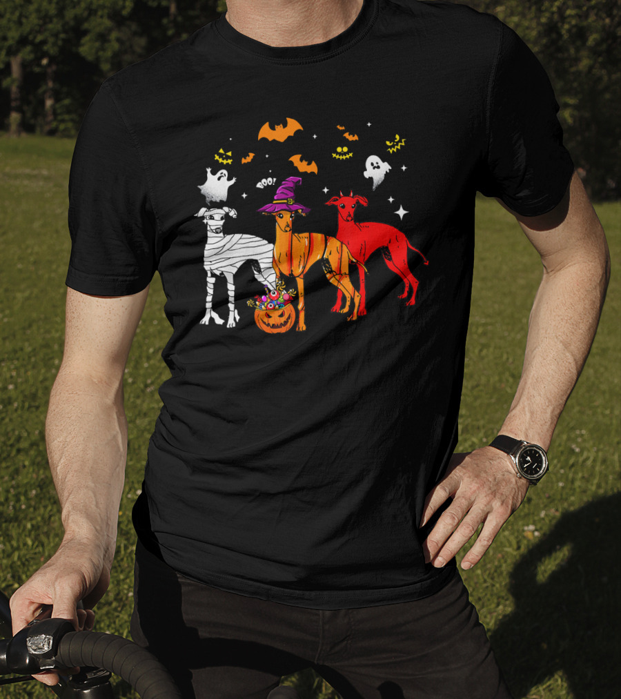 Halloween Italian Greyhound Dogs In Witch, Mummy, And Pumpkin Costumes With Ghosts And Bats T-Shirt