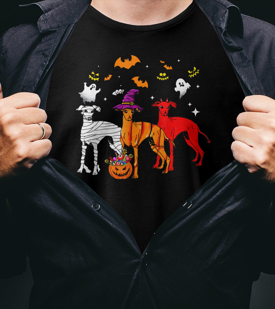 Halloween Italian Greyhound Dogs In Witch, Mummy, And Pumpkin Costumes With Ghosts And Bats T-Shirt