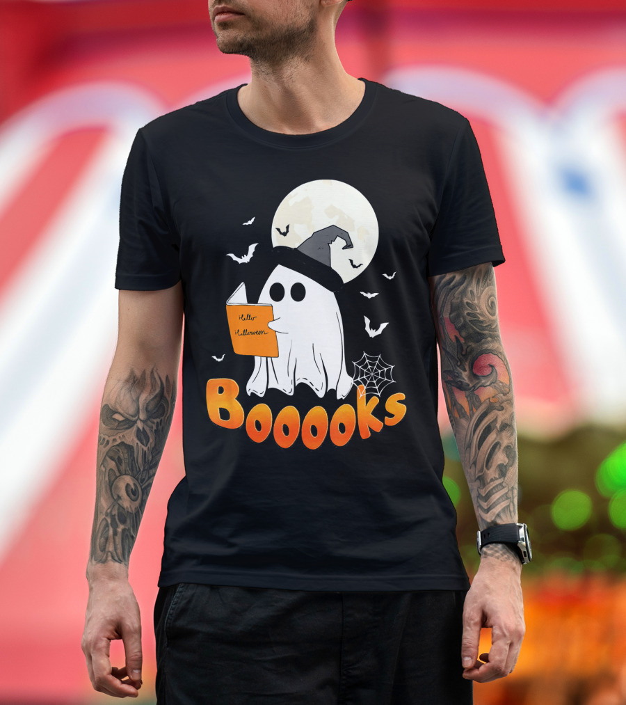 Boooks Ghost Reading Halloween Bats Moon Hat T-Shirt