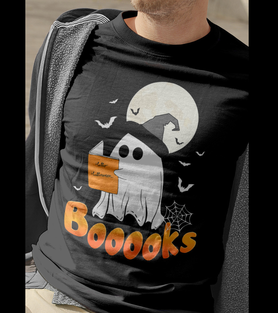 Boooks Ghost Reading Halloween Bats Moon Hat T-Shirt