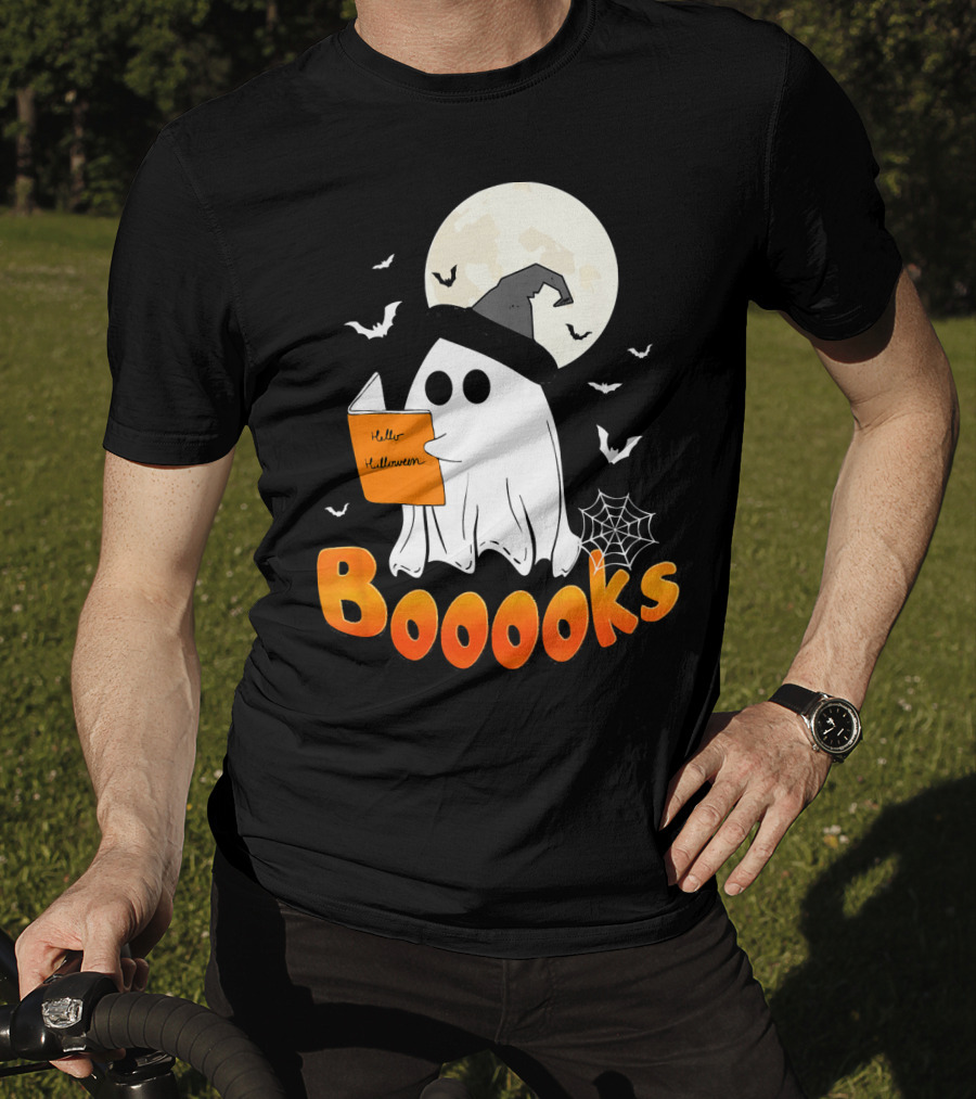 Boooks Ghost Reading Halloween Bats Moon Hat T-Shirt