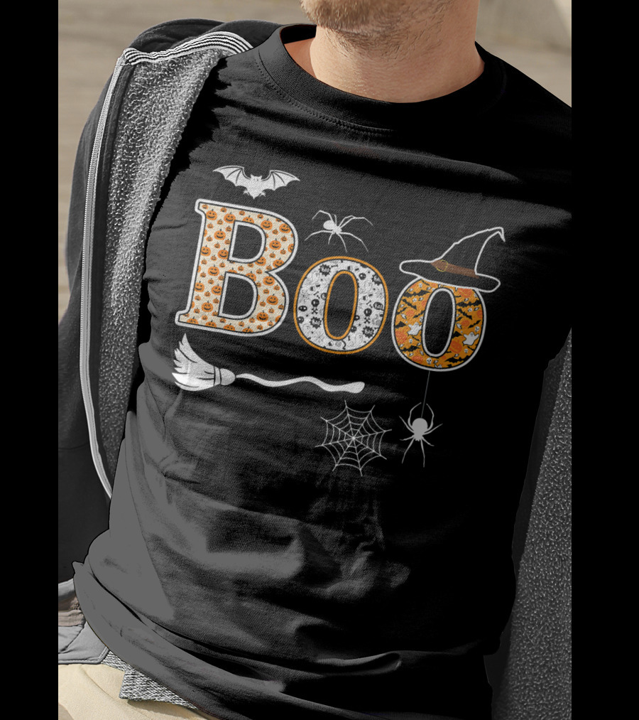 Halloween Boo Pumpkin With Witch Hat And Spider Web T-Shirt