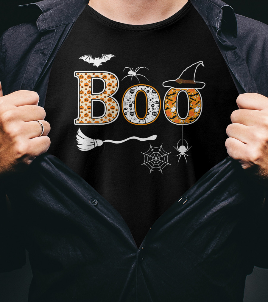 Halloween Boo Pumpkin With Witch Hat And Spider Web T-Shirt