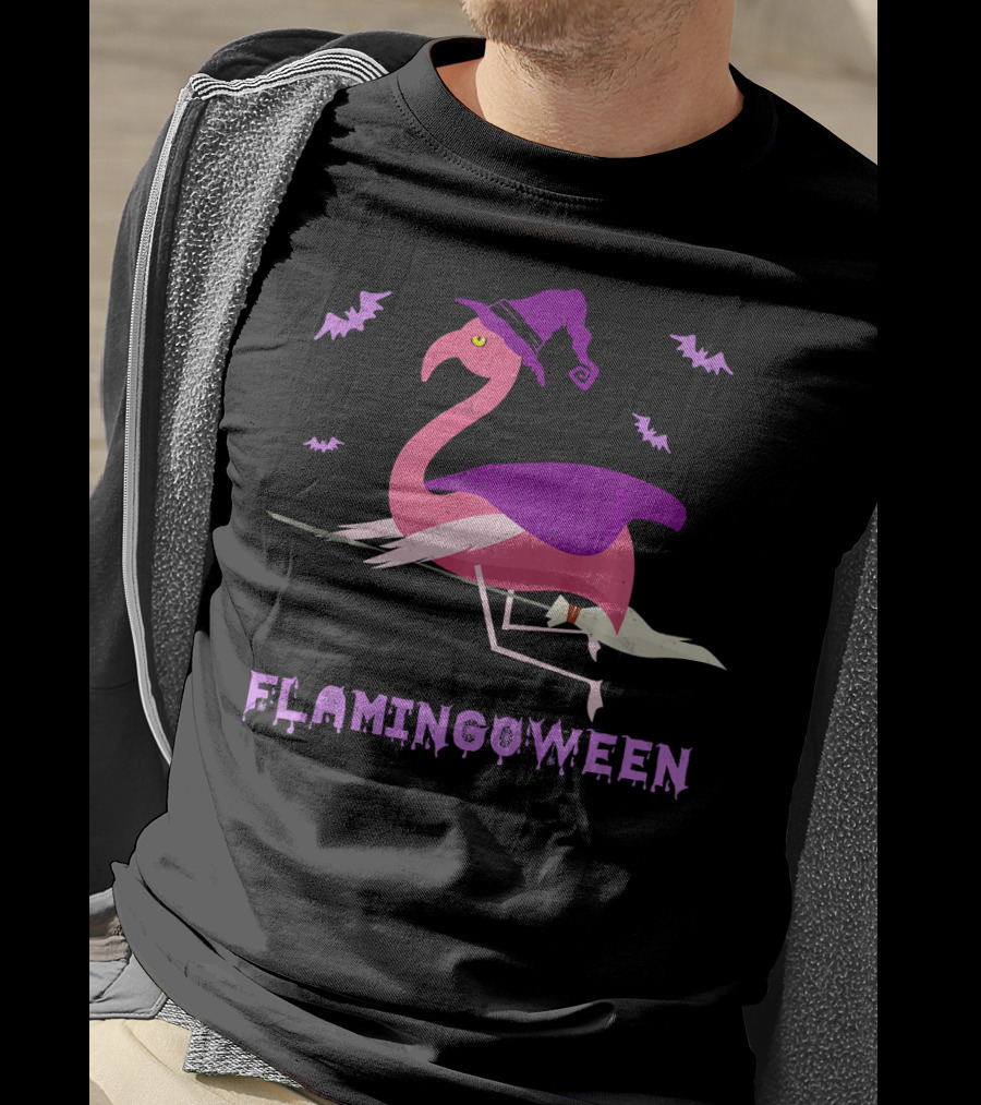 Flamingoween Funny Flamingo Witch With Bats And Broomstick T-Shirt
