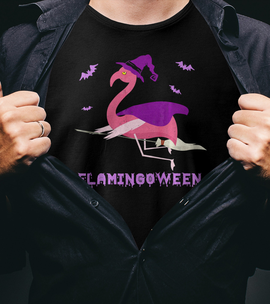 Flamingoween Funny Flamingo Witch With Bats And Broomstick T-Shirt