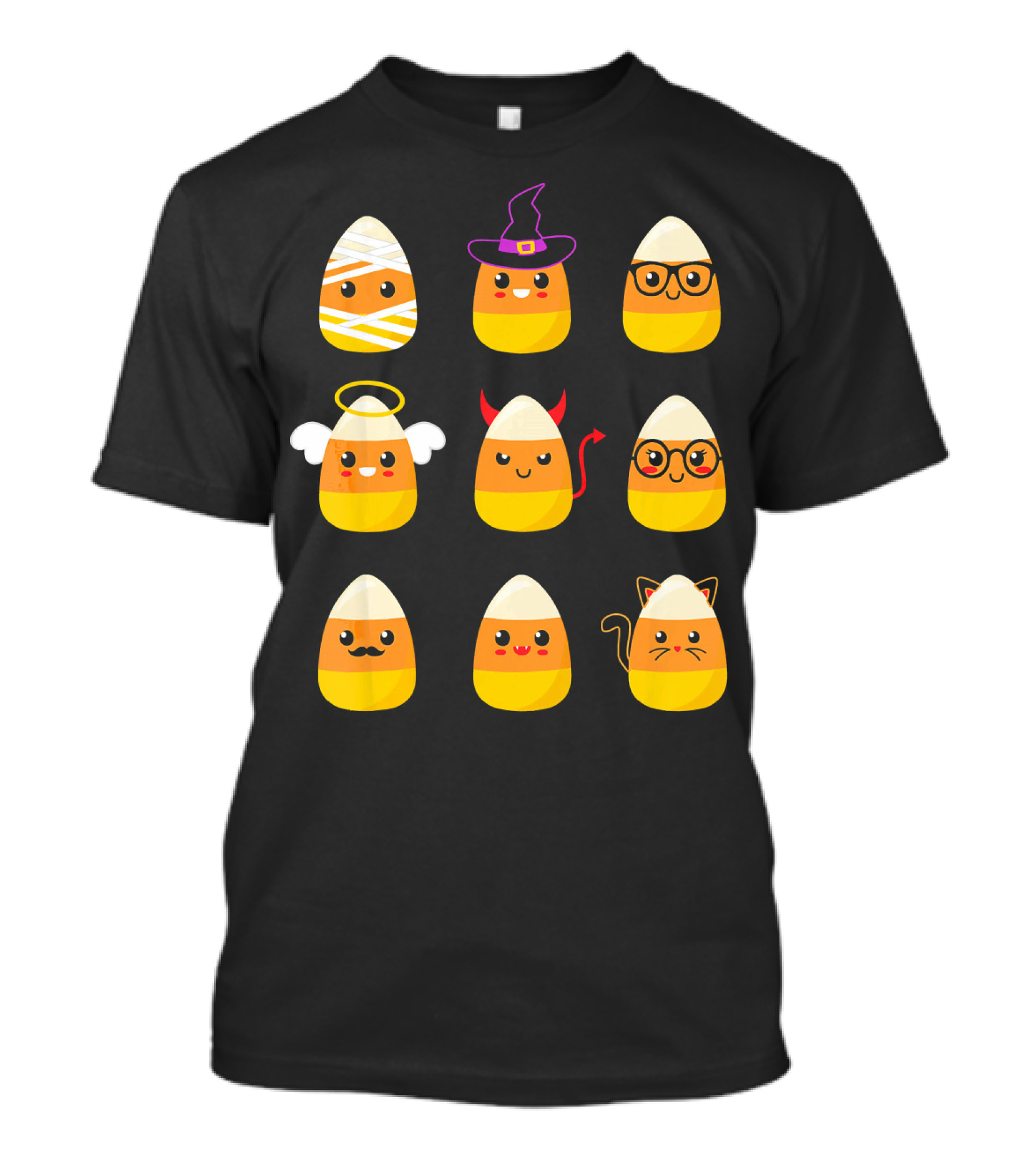 Candy Corn Characters Witch Angel Devil Cat Mummy Nerd Mustache T-Shirt