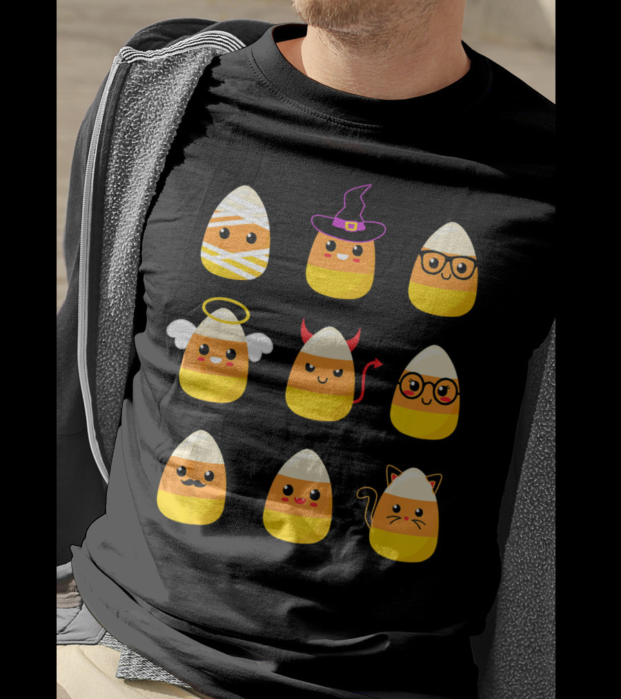 Candy Corn Characters Witch Angel Devil Cat Mummy Nerd Mustache T-Shirt