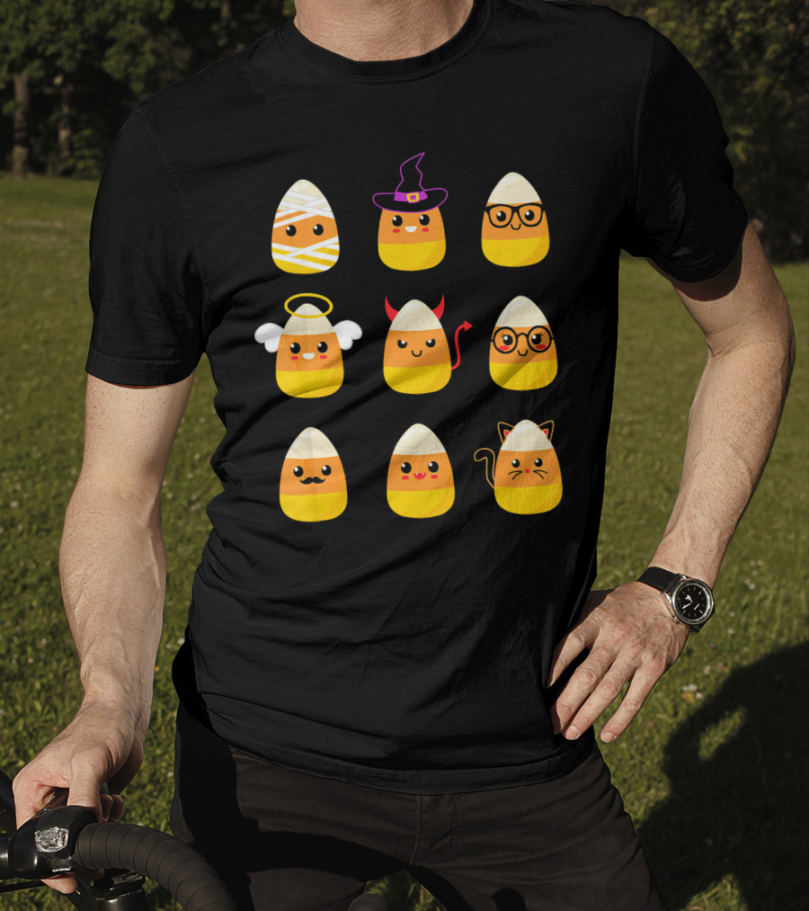 Candy Corn Characters Witch Angel Devil Cat Mummy Nerd Mustache T-Shirt
