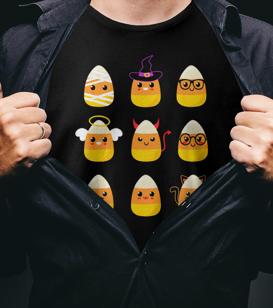 Candy Corn Characters Witch Angel Devil Cat Mummy Nerd Mustache T-Shirt