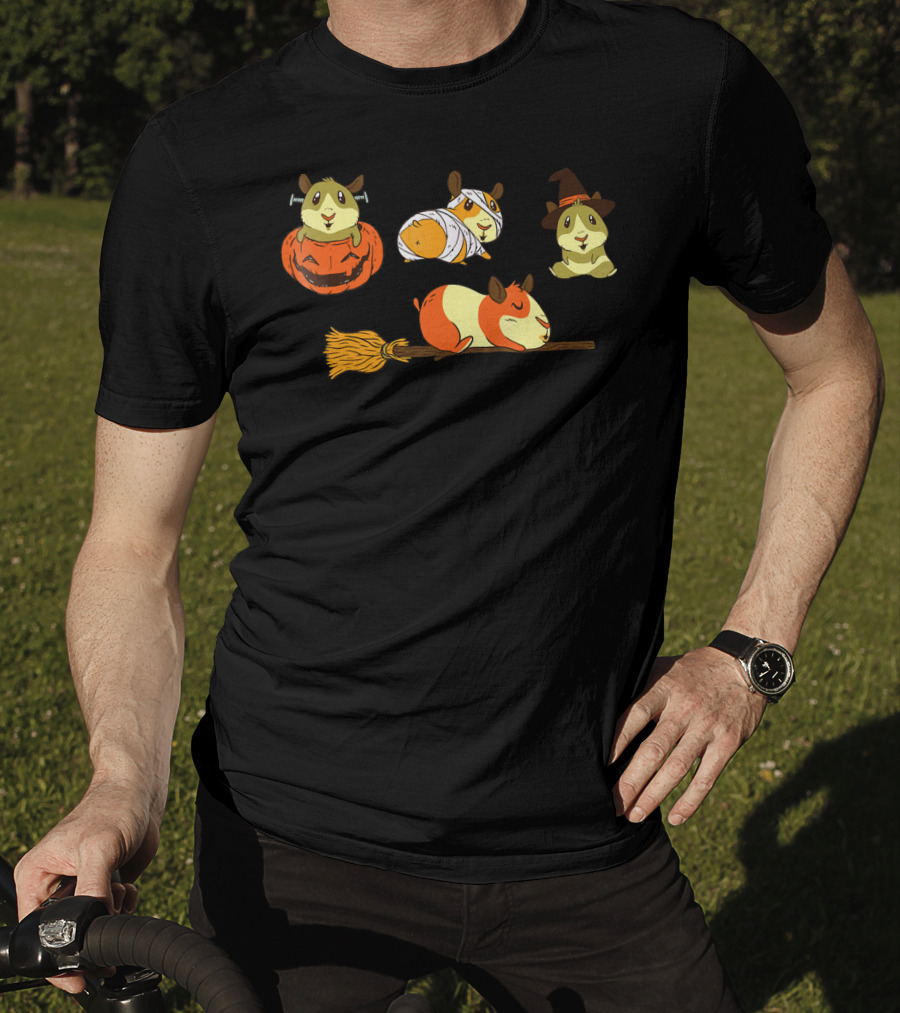 Funny Halloween Guinea Pigs With Witch And Pumpkin Costumes T-Shirt