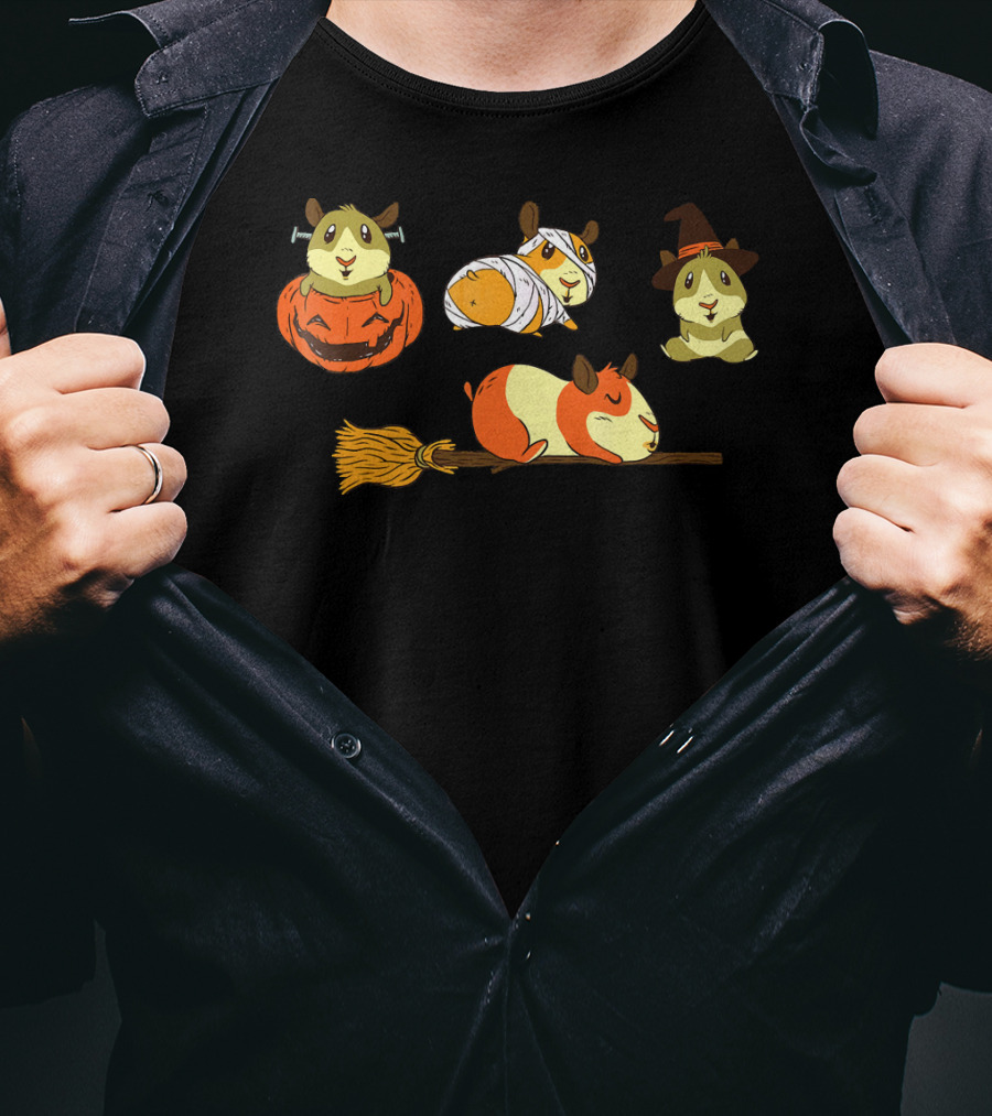 Funny Halloween Guinea Pigs With Witch And Pumpkin Costumes T-Shirt