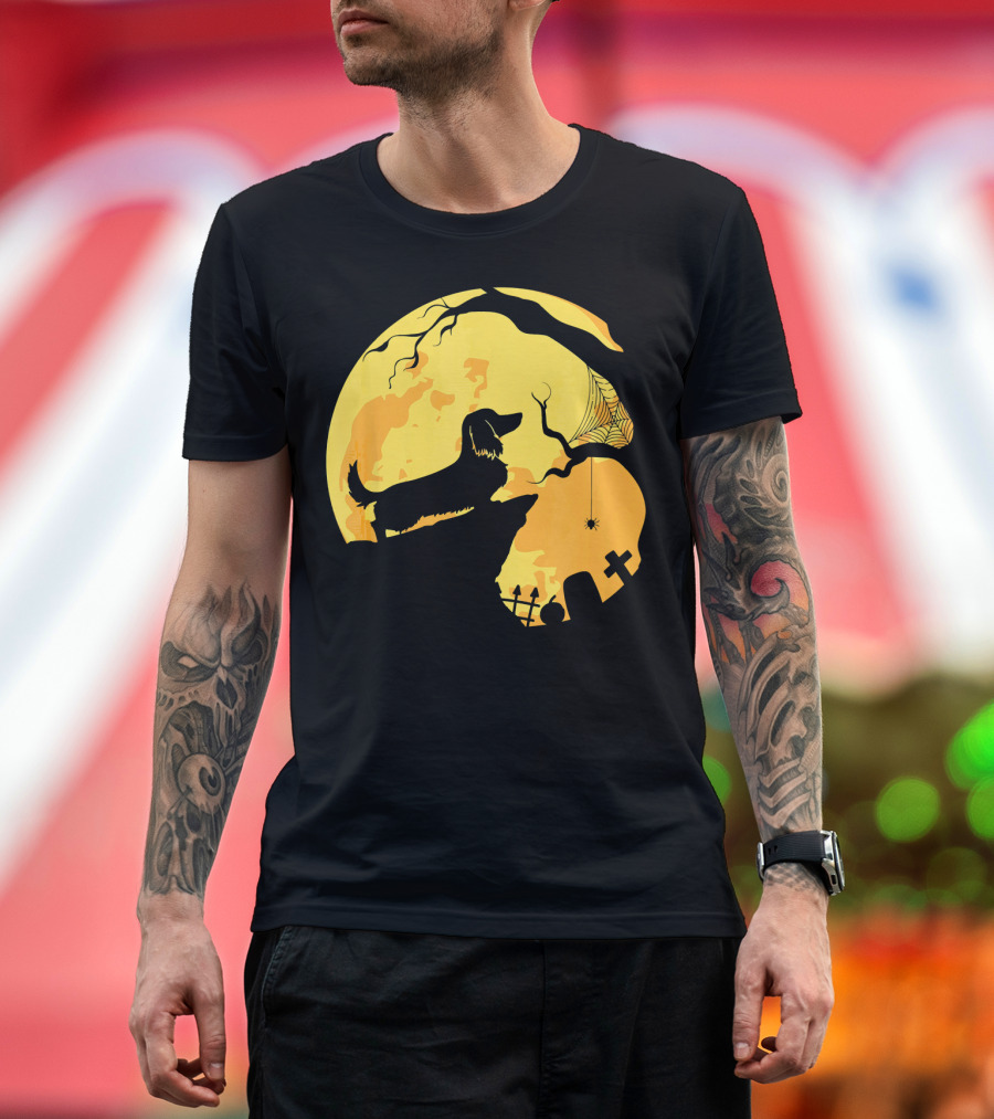 Dachshund Silhouette on Cliff with Full Moon and Halloween Graveyard Scene T-Shirt
