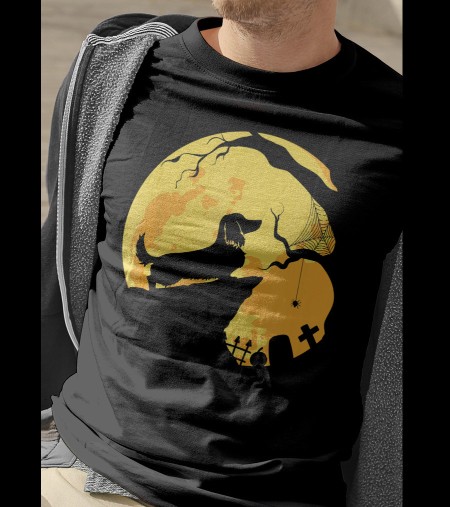 Dachshund Silhouette On Cliff With Full Moon And Halloween Graveyard Scene T-Shirt