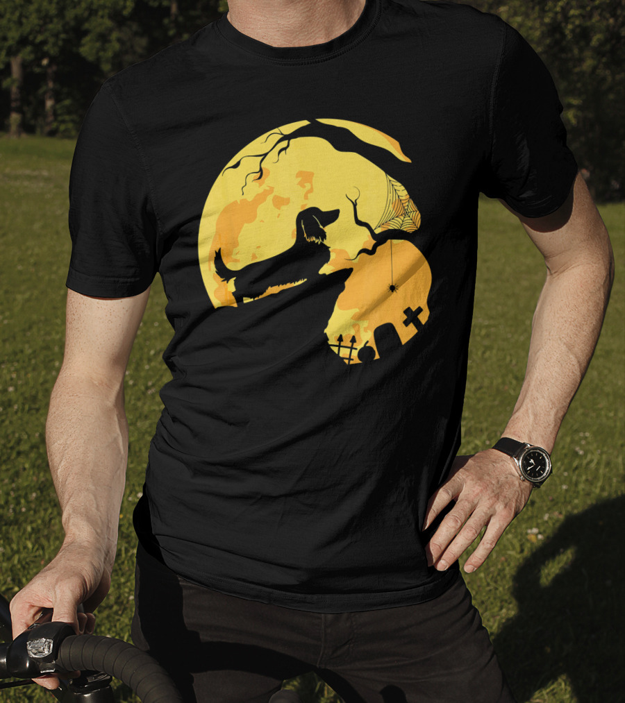 Dachshund Silhouette On Cliff With Full Moon And Halloween Graveyard Scene T-Shirt