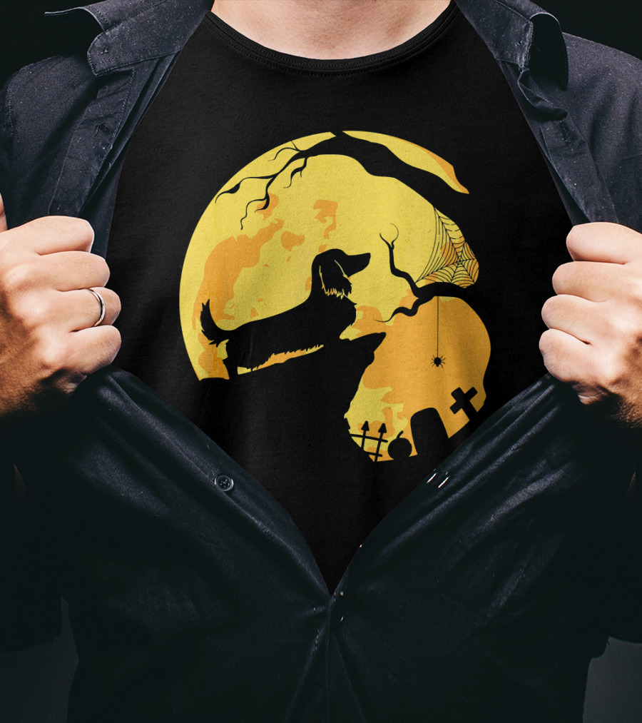 Dachshund Silhouette On Cliff With Full Moon And Halloween Graveyard Scene T-Shirt