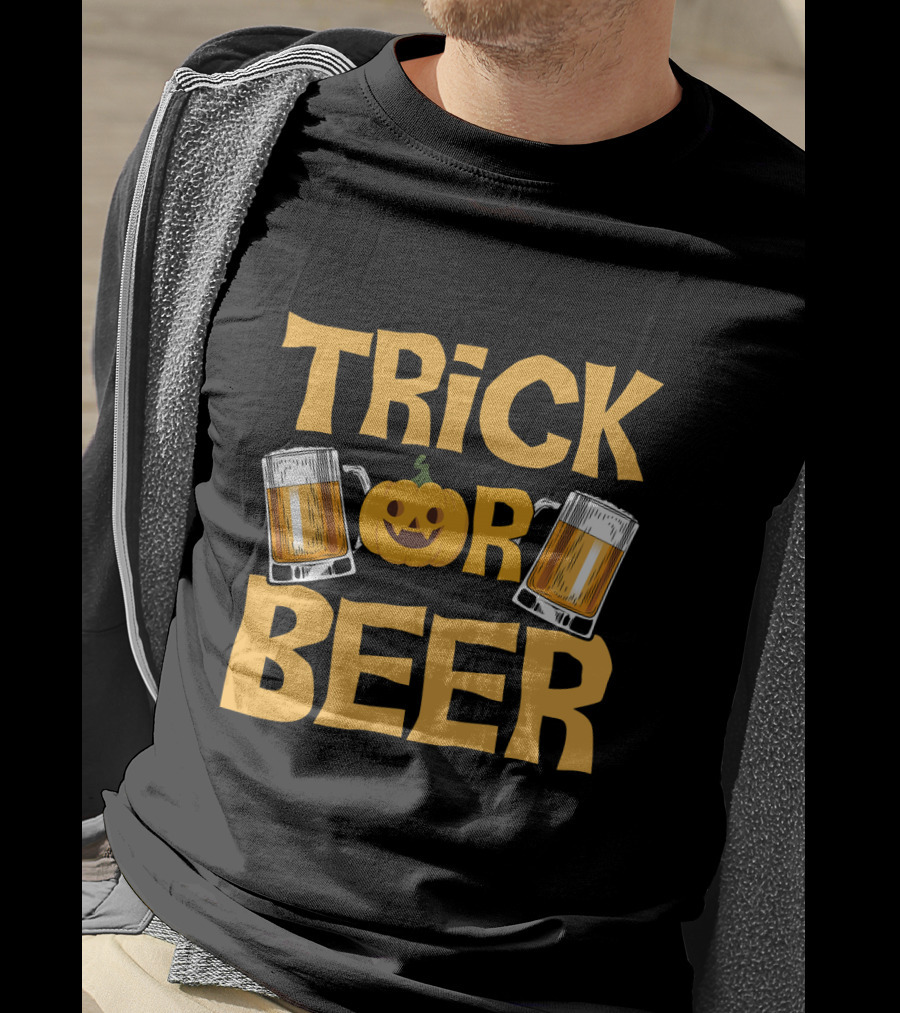 Trick Or Beer Funny Halloween Pumpkin Drinking T-Shirt