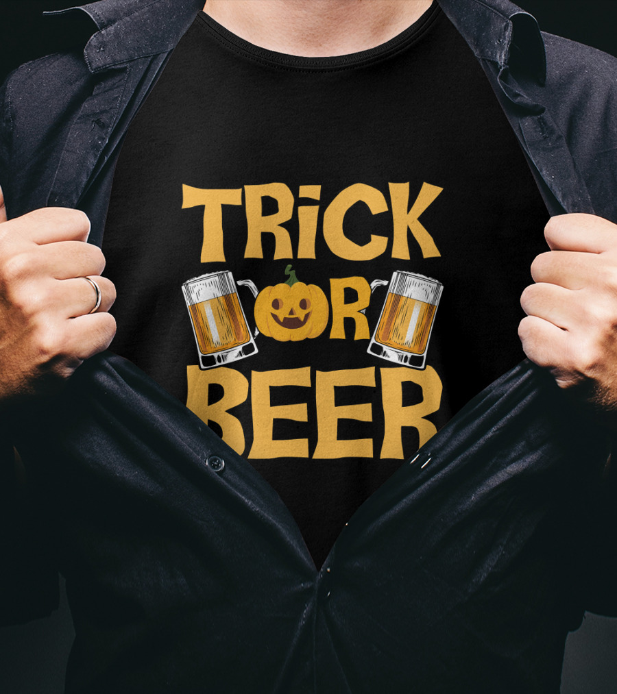 Trick Or Beer Funny Halloween Pumpkin Drinking T-Shirt