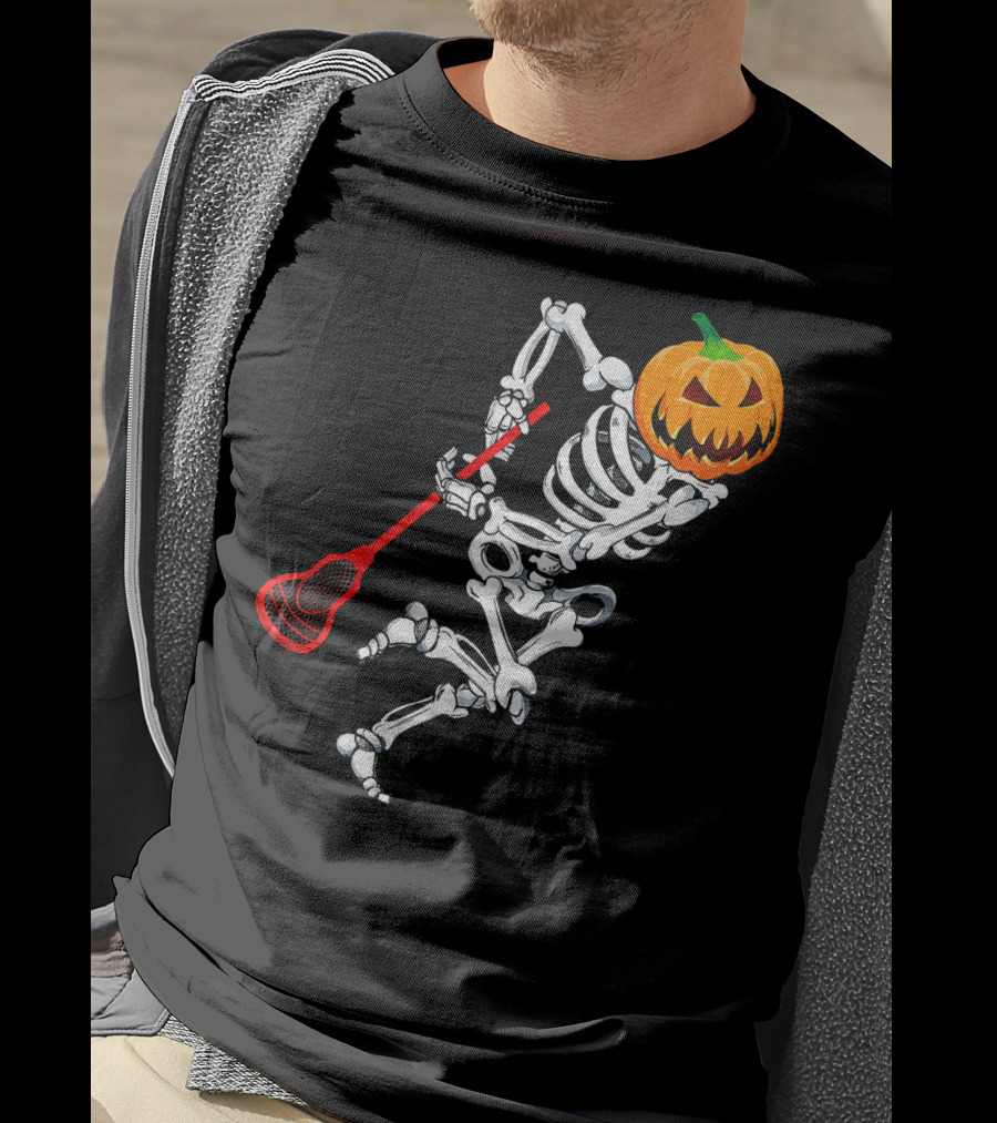 Skeleton Pumpkin Lacrosse Halloween T-Shirt