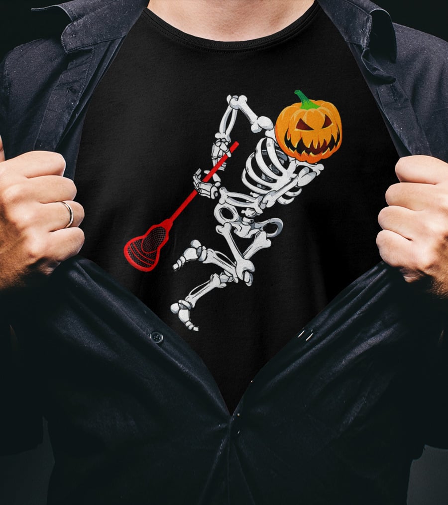 Skeleton Pumpkin Lacrosse Halloween T-Shirt