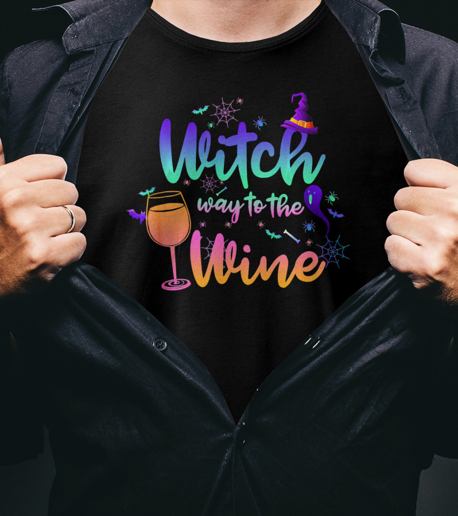 Witch Way To The Wine Halloween Drinking Colorful Witch Hat Wine Glass Spiders Bats T-Shirt