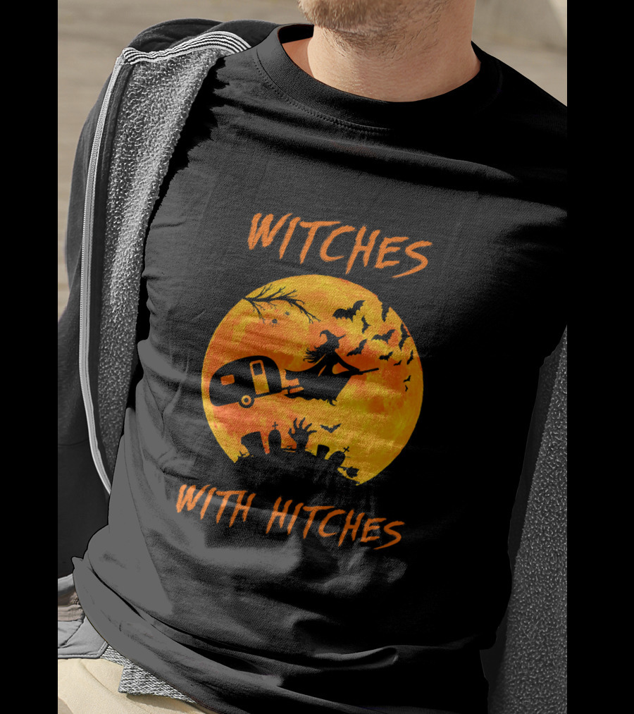 Witches With Hitches Halloween Moon Bats Graveyard Scene T-Shirt