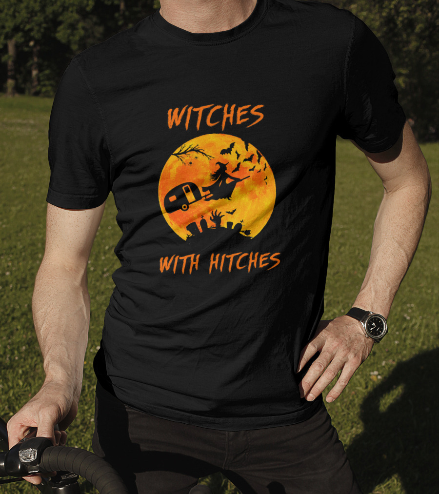 Witches With Hitches Halloween Moon Bats Graveyard Scene T-Shirt