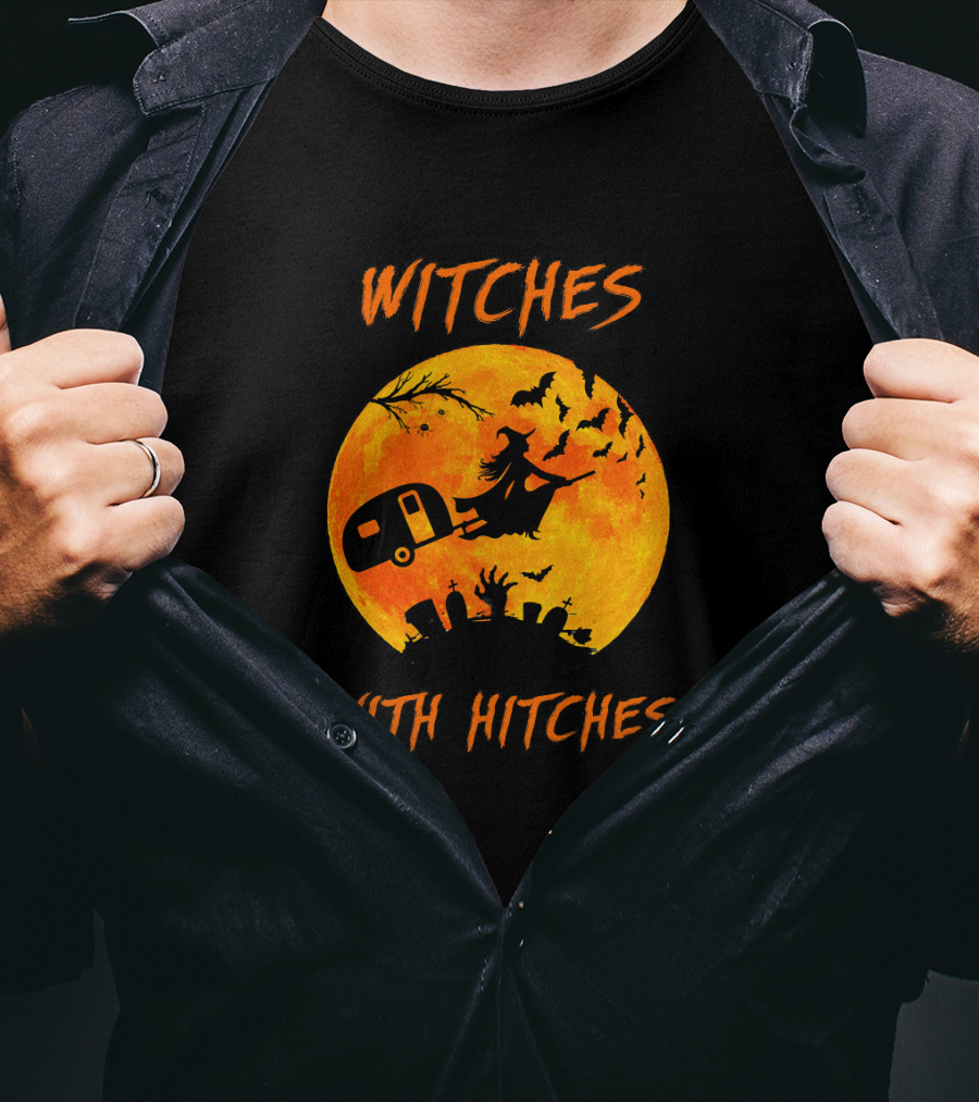 Witches With Hitches Halloween Moon Bats Graveyard Scene T-Shirt