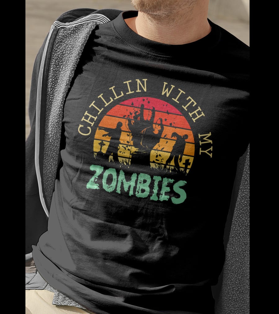 CHILLIN WITH MY ZOMBIES Halloween Zombie Sunset Scene T-Shirt