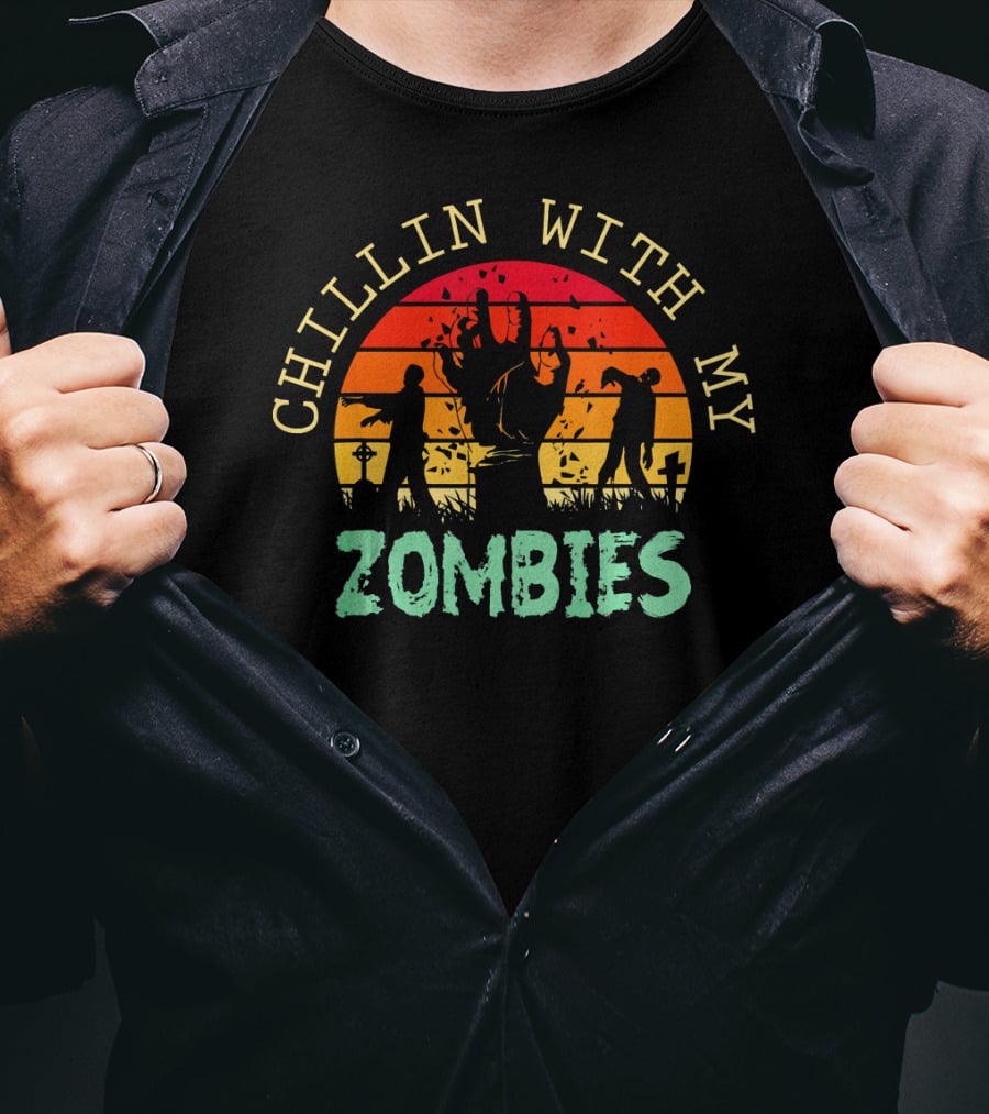 CHILLIN WITH MY ZOMBIES Halloween Zombie Sunset Scene T-Shirt