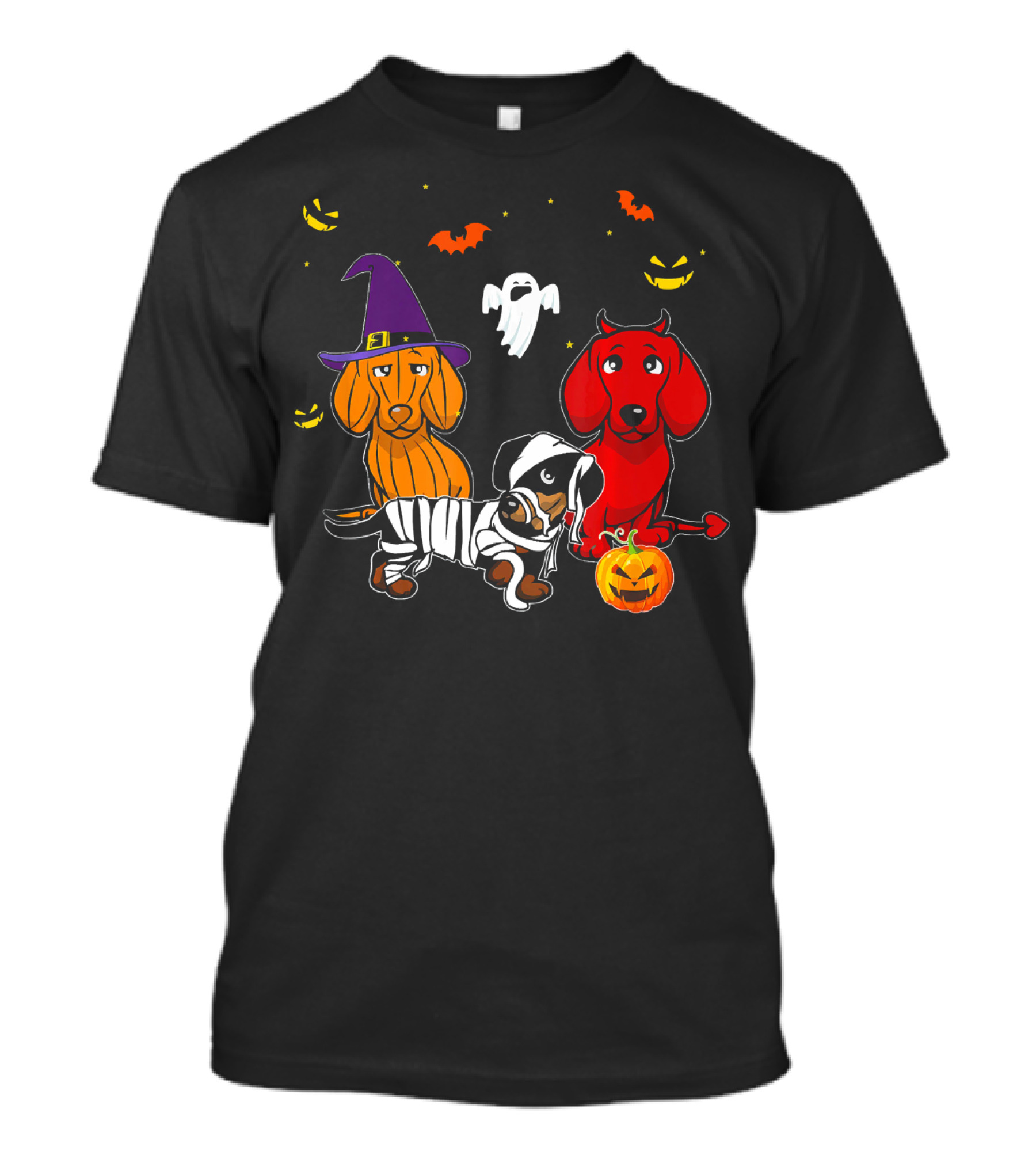 Dachshund In Witch, Devil, And Mummy Costumes With Pumpkin And Ghost T-Shirt