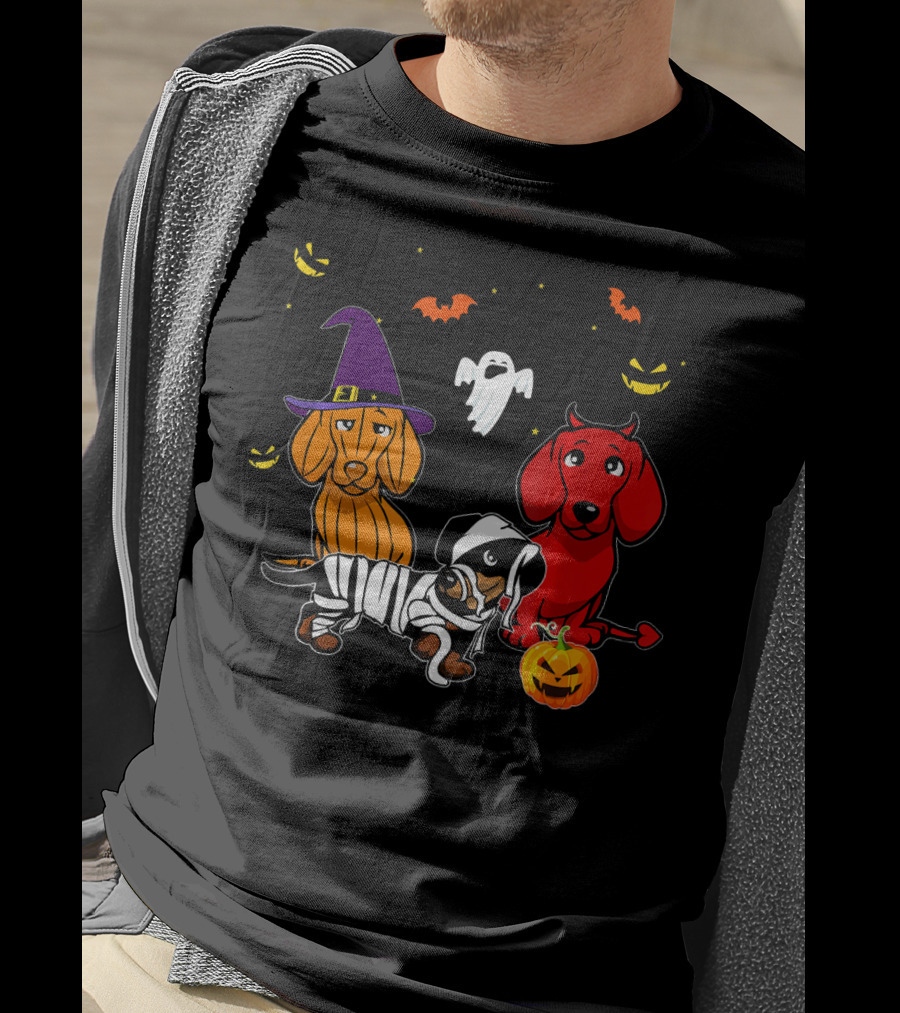 Dachshund In Witch, Devil, And Mummy Costumes With Pumpkin And Ghost T-Shirt