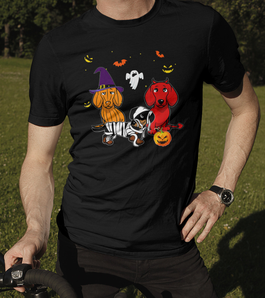 Dachshund In Witch, Devil, And Mummy Costumes With Pumpkin And Ghost T-Shirt