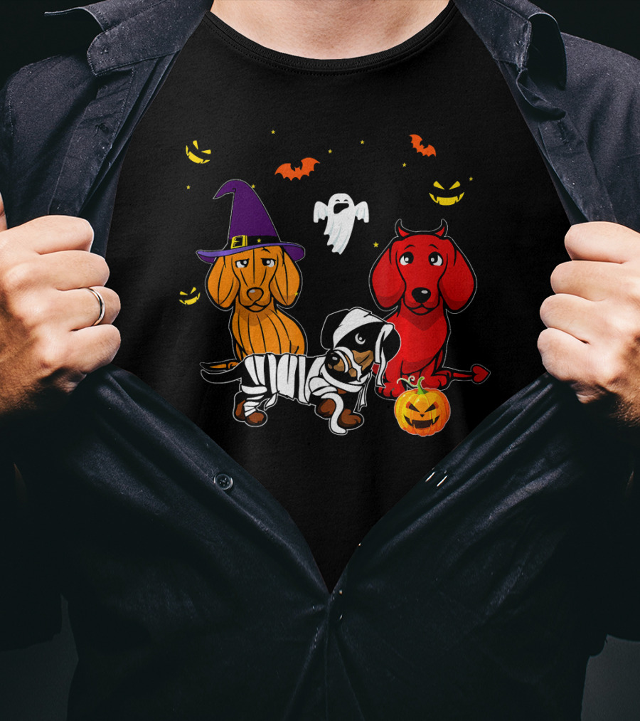 Dachshund In Witch, Devil, And Mummy Costumes With Pumpkin And Ghost T-Shirt