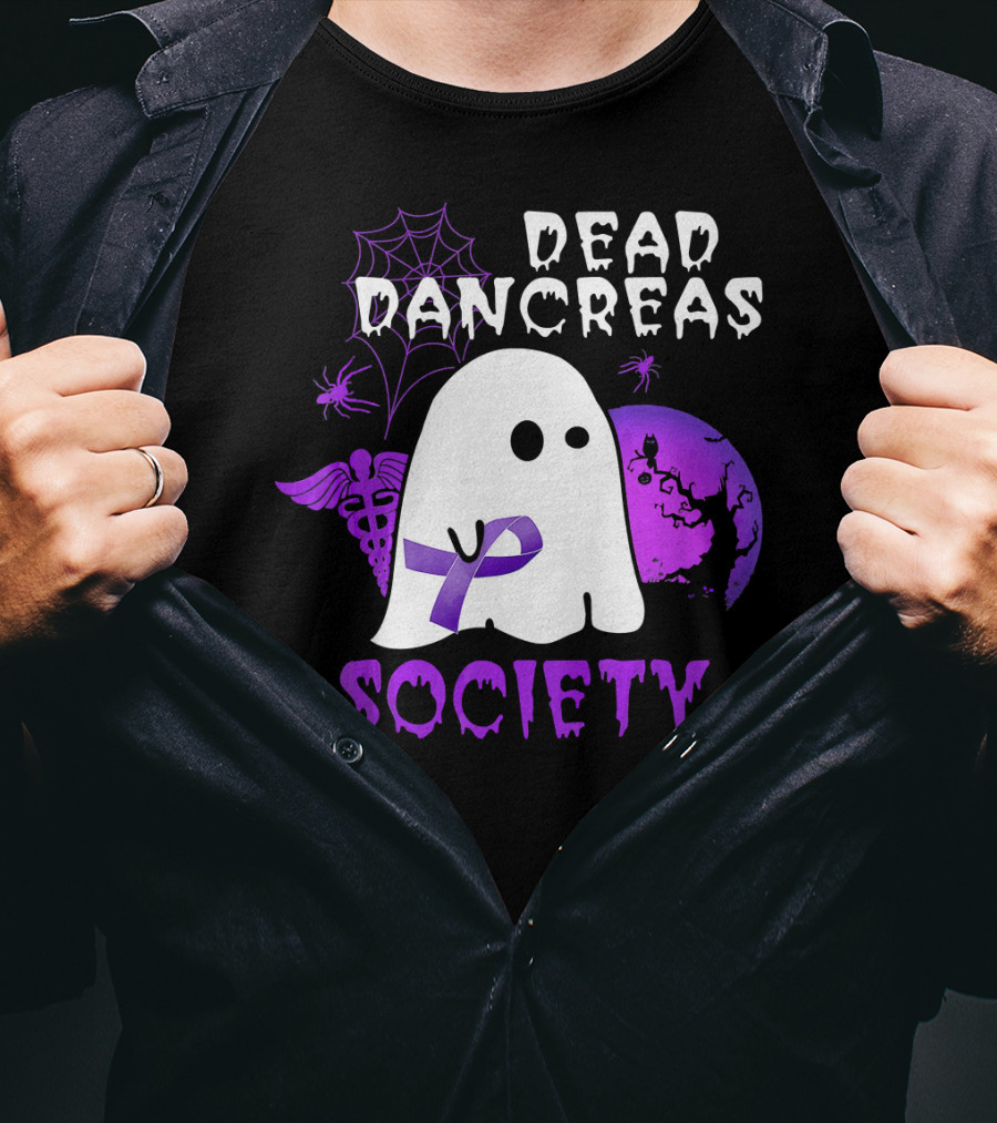 Dead Pancreas Society Ghost With Purple Ribbon Halloween T-Shirt