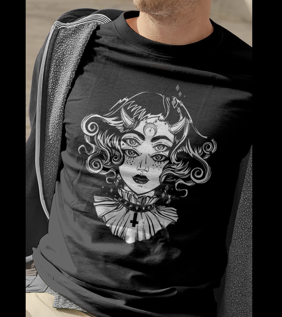 Horned Devil Girl Satanic Occult Triple-Eyed Cross T-Shirt