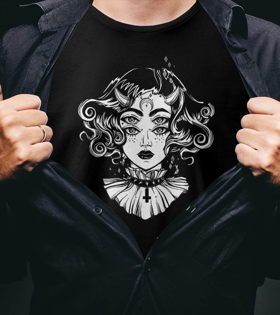 Horned Devil Girl Satanic Occult Triple-Eyed Cross T-Shirt