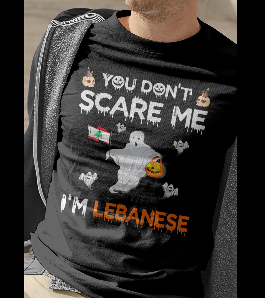 You Don't Scare Me I'm Lebanese Ghost With Lebanese Flag And Pumpkin Halloween T-Shirt
