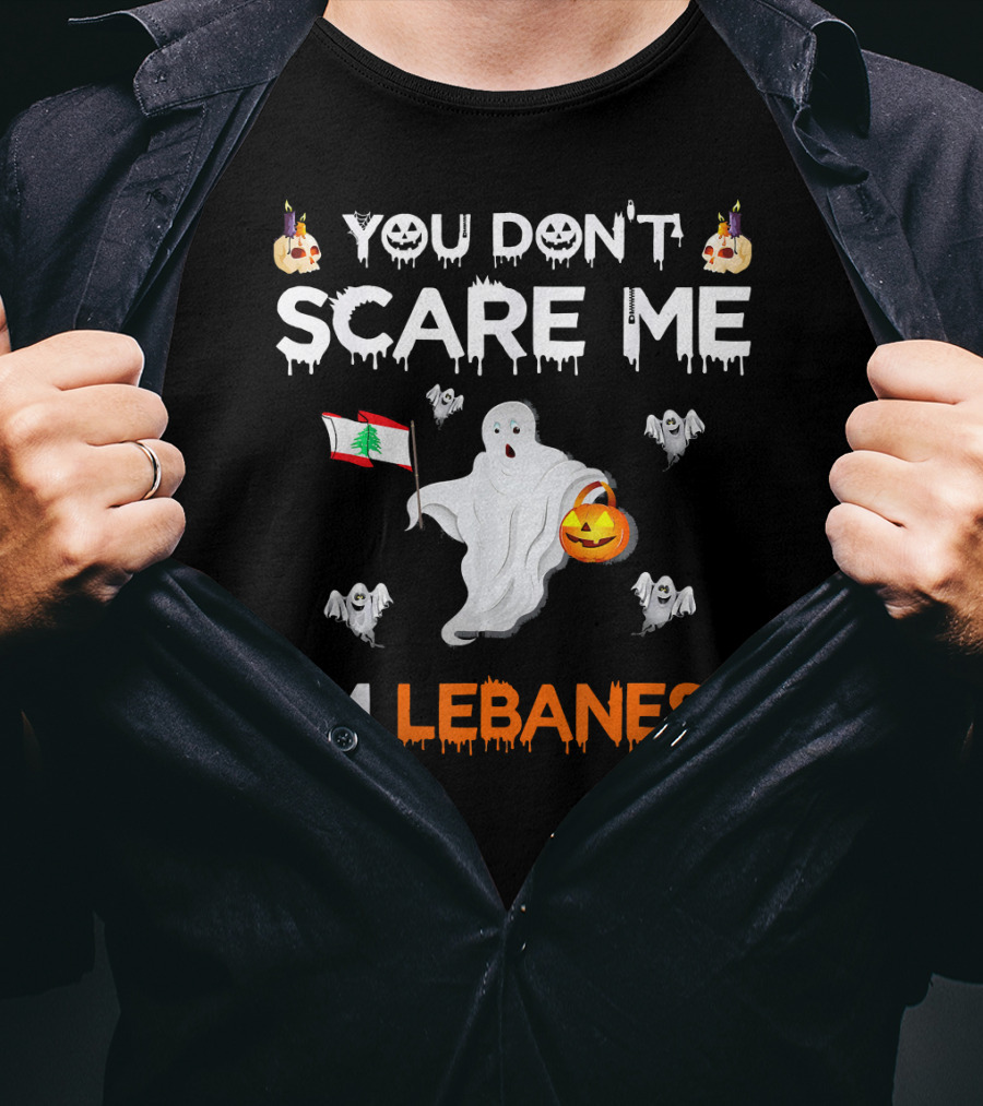 You Don't Scare Me I'm Lebanese Ghost With Lebanese Flag And Pumpkin Halloween T-Shirt
