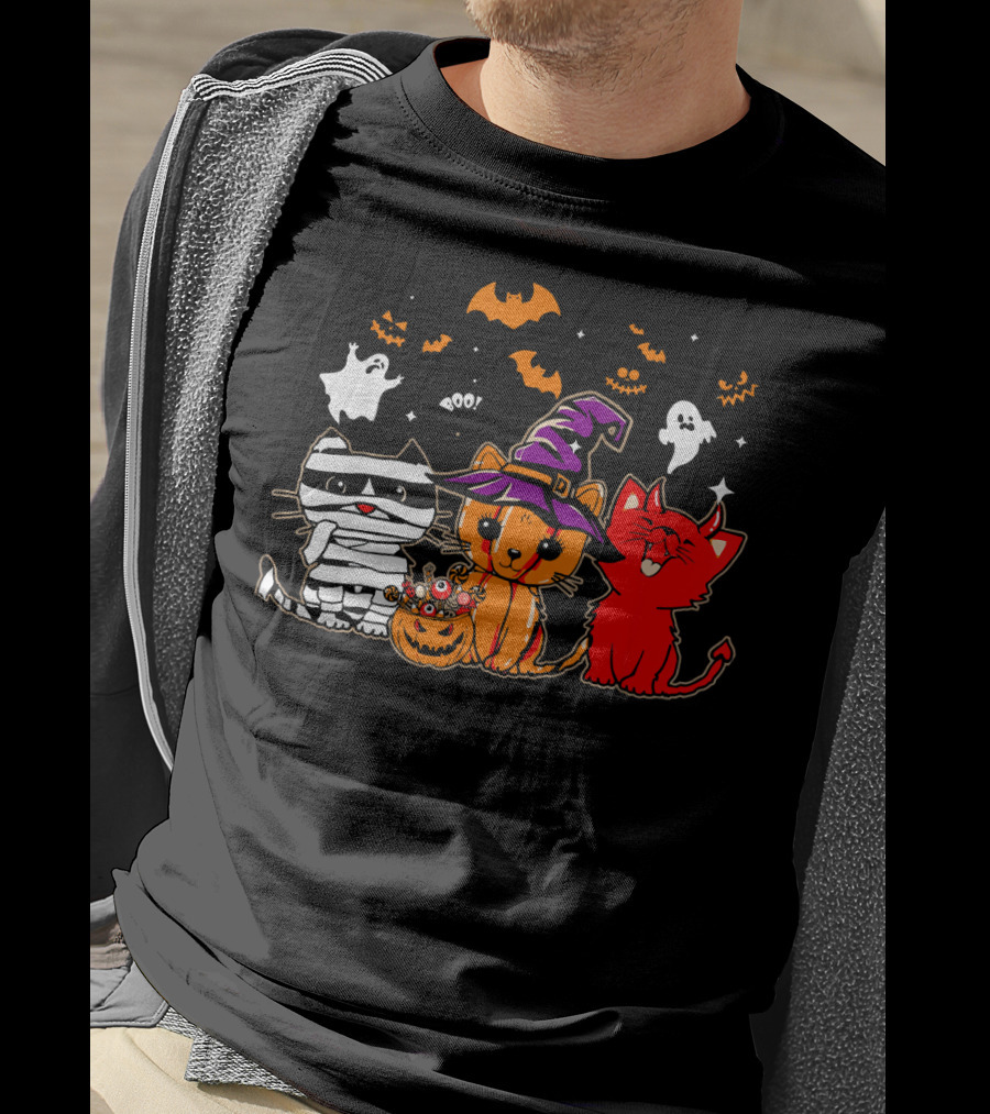 Funny Cat Trio In Halloween Costumes With Ghosts And Pumpkins T-Shirt