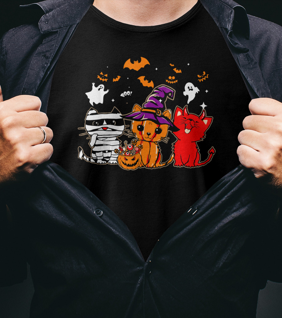 Funny Cat Trio In Halloween Costumes With Ghosts And Pumpkins T-Shirt