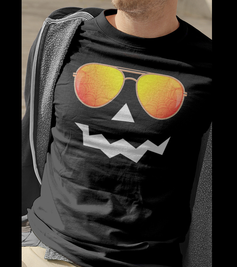 Halloween Jack O Lantern With Sunglasses And Spider Web Reflection T-Shirt